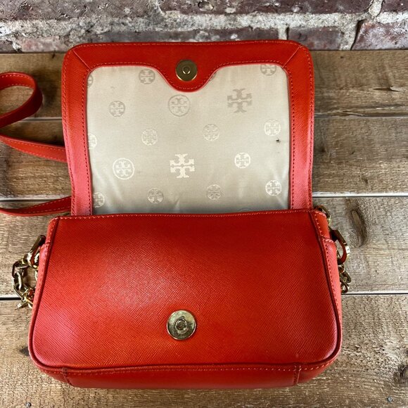 Tory Burch 'Robinson' Tangerine Orange Leather Crossbody w/ Gold Hardware Chain - Picture 11 of 13